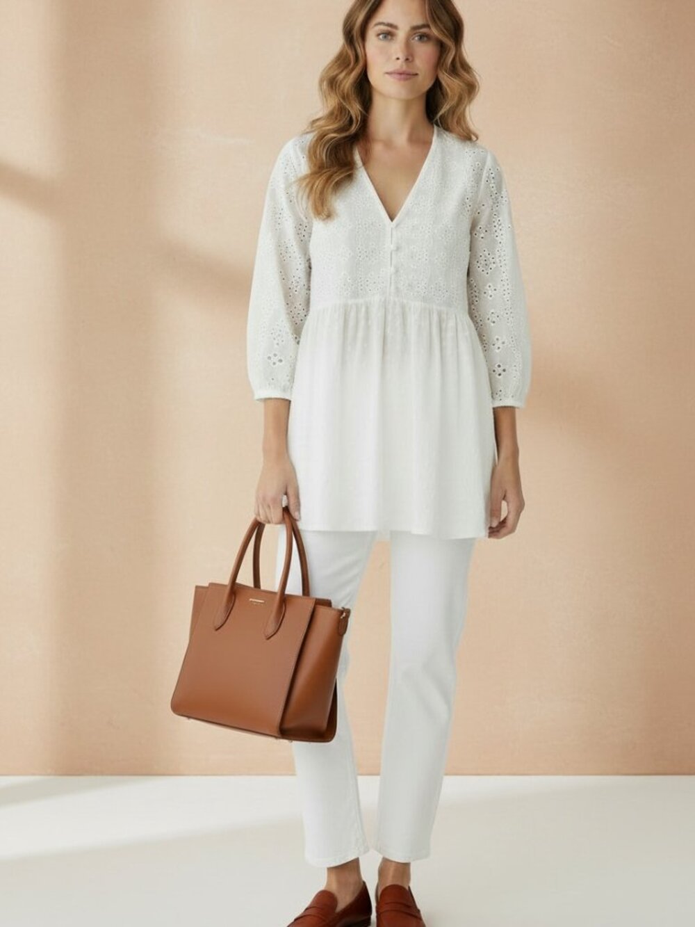 Zara White Eyelet Cotton Boho Blouse Tunic - Size M